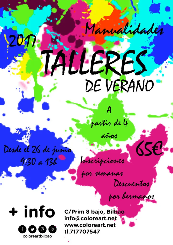 cartel de actividades para niños verano 2017 en Coloreart Bilbao cartel talleres infantiles de manualidades verano 2017